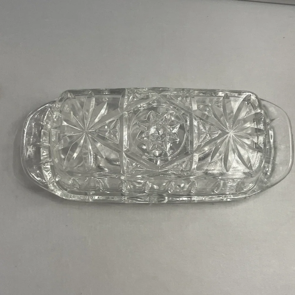 Anchor Hocking Butter Dish Star of David Covered With Lid Clear Glass Vintage